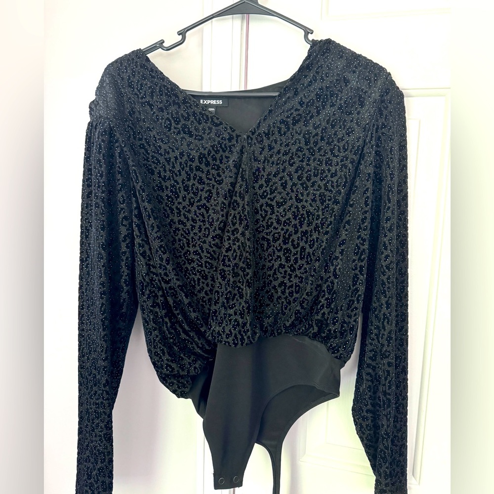 Express Velour Leopard Print Black Bodysuit Size Small